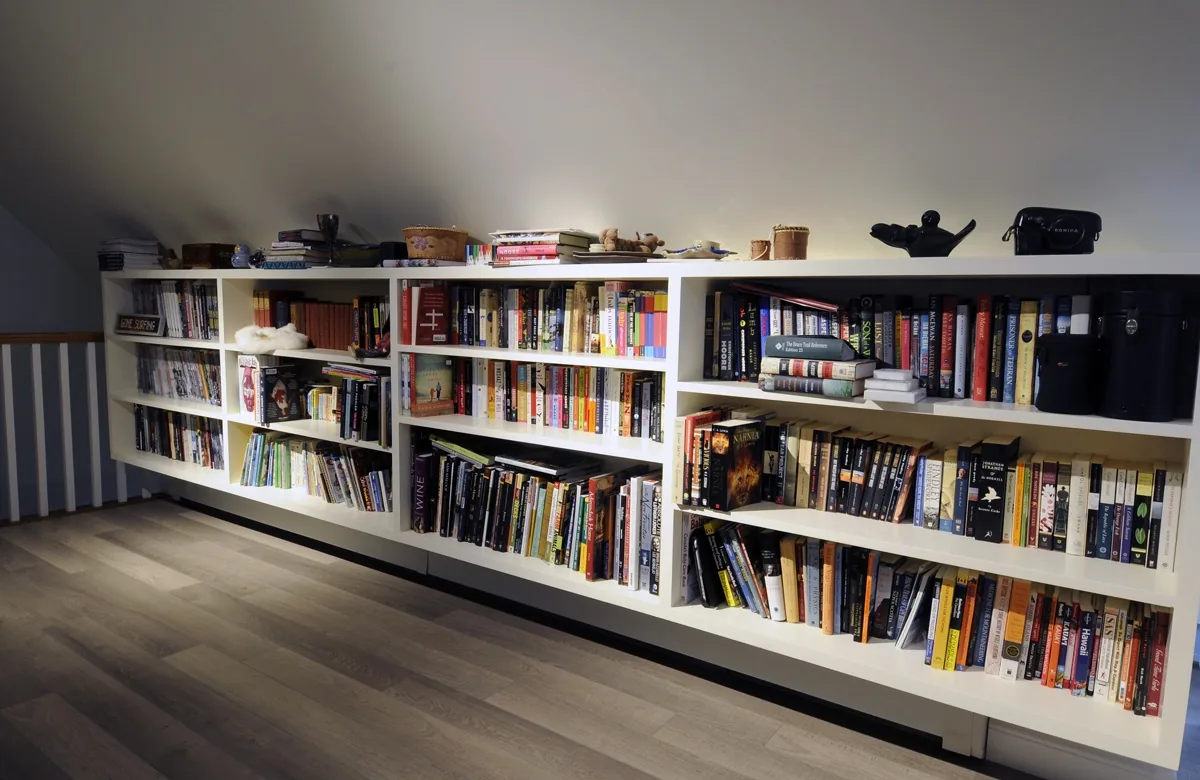 Built-in bookshelf wall filled with books